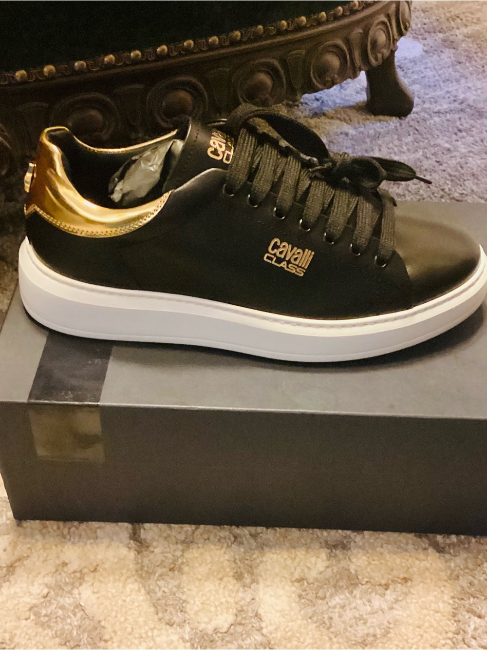 Cavalli Class Men's Black & Gold Low-Top Sneaker with White Sole